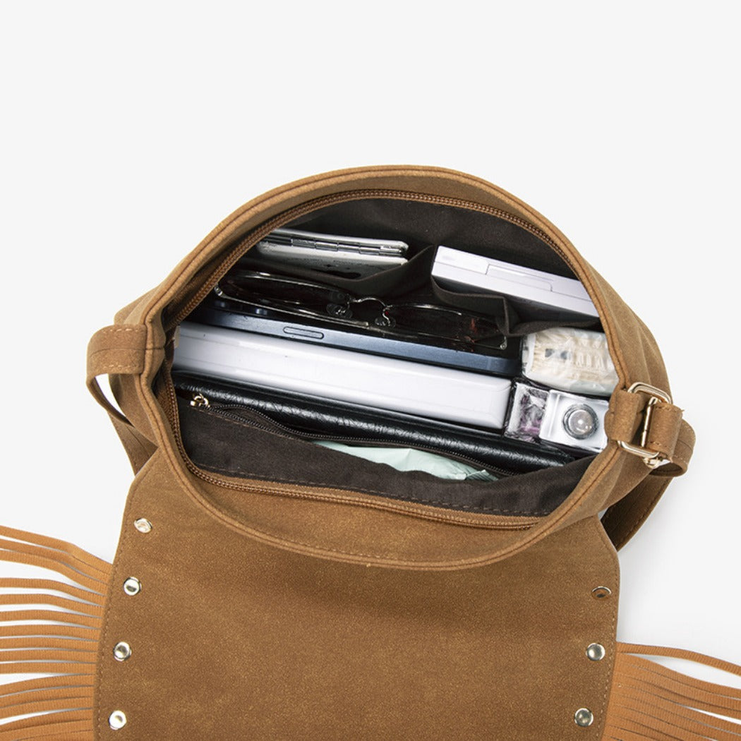 Cosbai - Vintage Brown Studded Fringe Saddle Bag