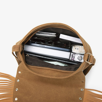 Cosbai - Vintage Brown Studded Fringe Saddle Bag