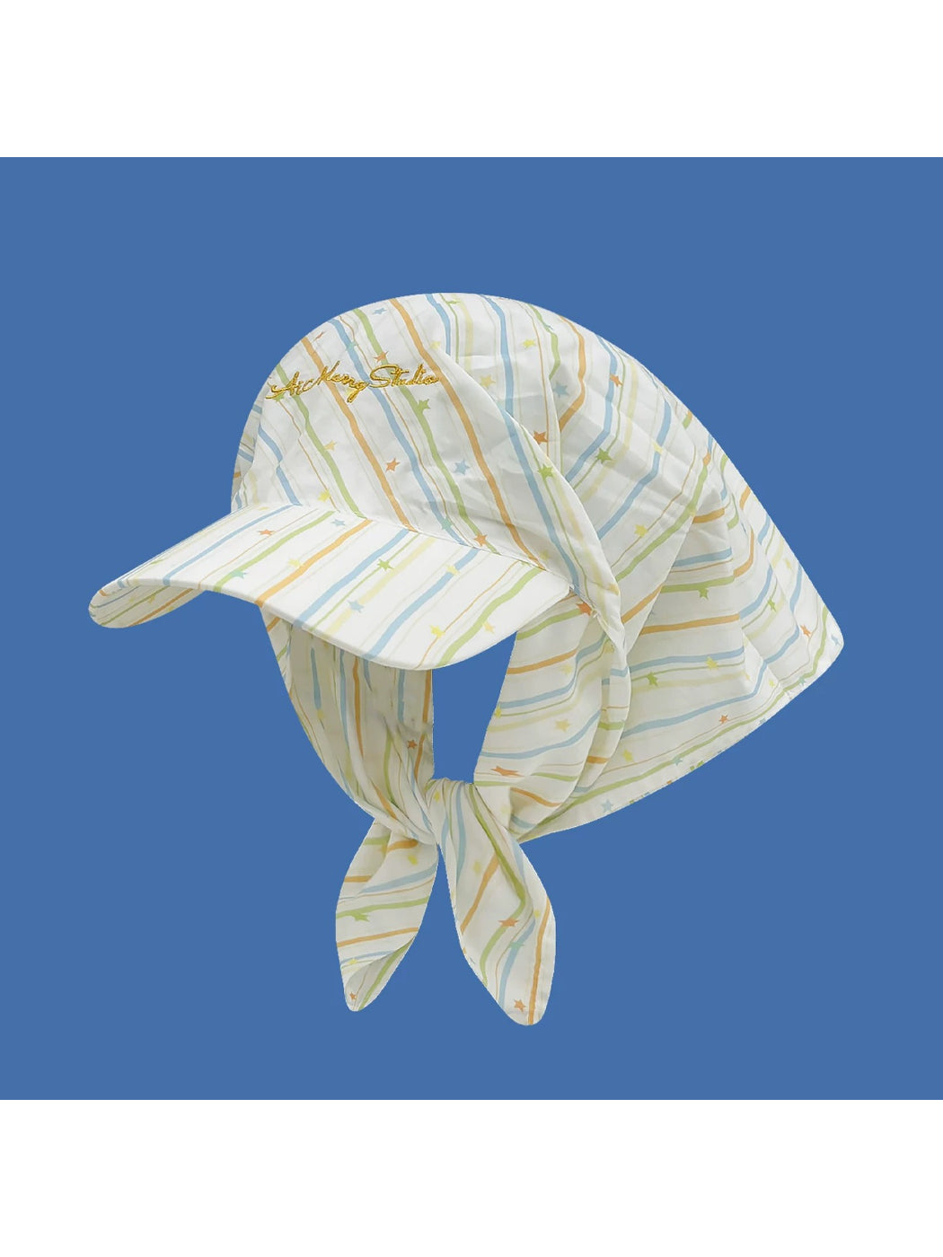 Side view of Haila striped tie back retro baseball cap showing tie detail