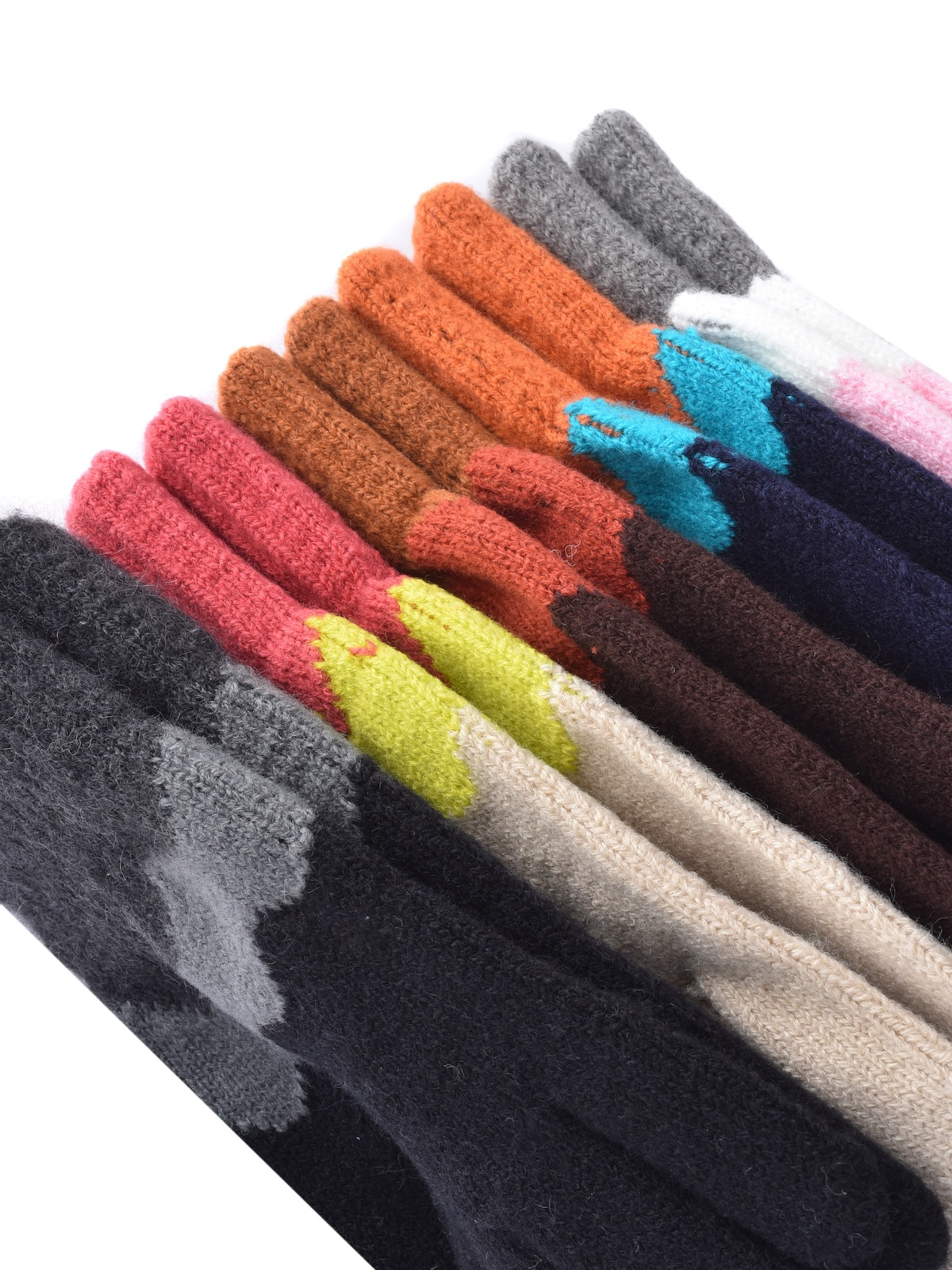 Model wearing knitting patchwork touchscreen gloves outdoors