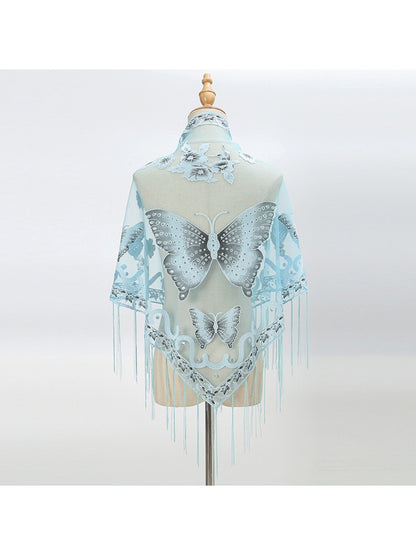 Scarvii Butterfly Fringe Triangle Scarf close-up showing fabric weave and butterfly pattern