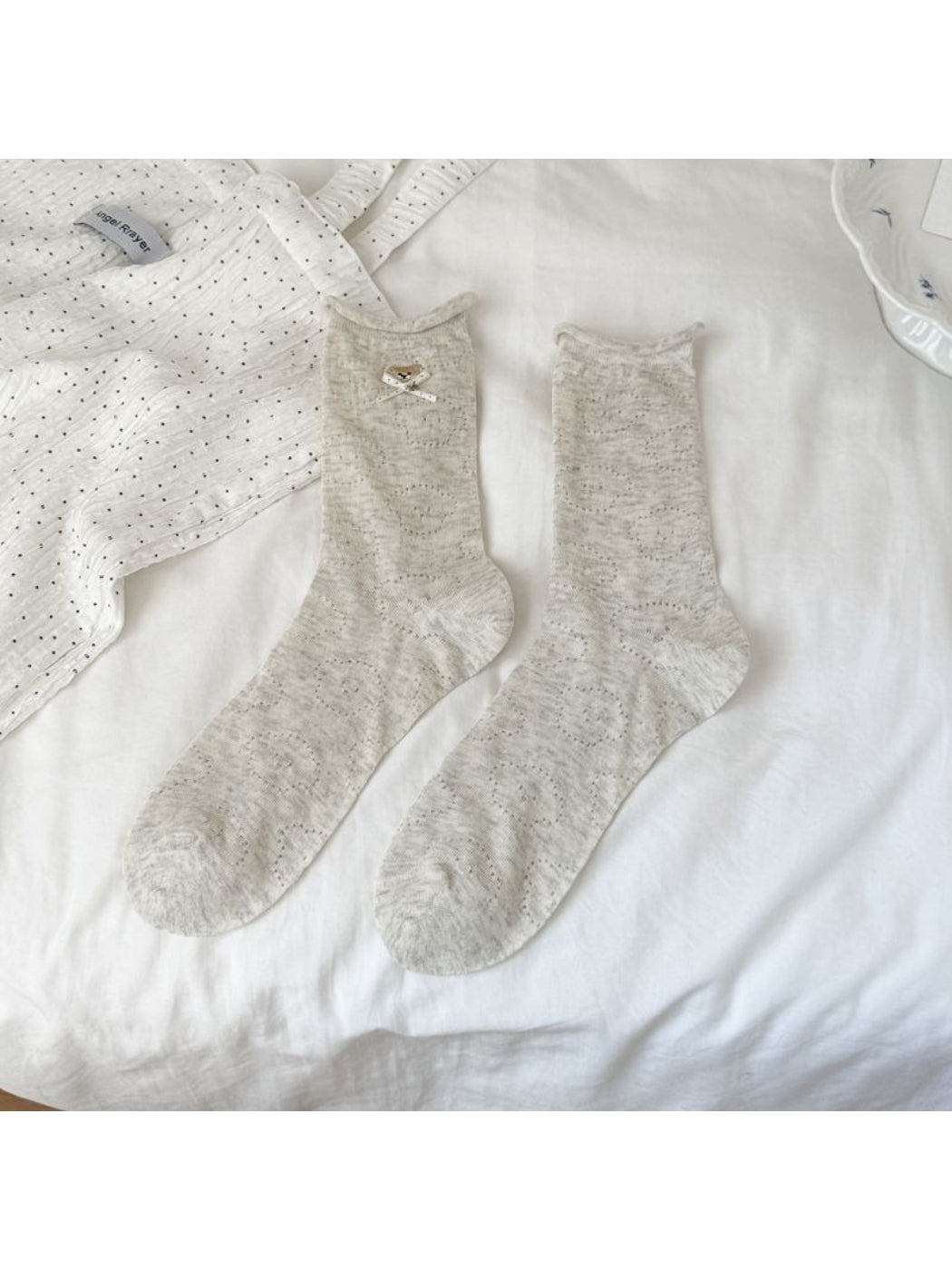 Rufia Everyday Teddy Crew Socks in beige laid flat on white background