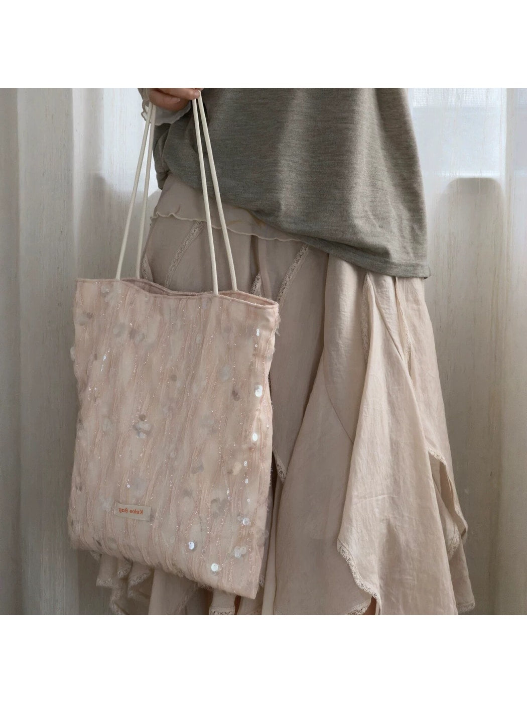 Cosbai - Pink Sequined Wavy Texture Tote Bag
