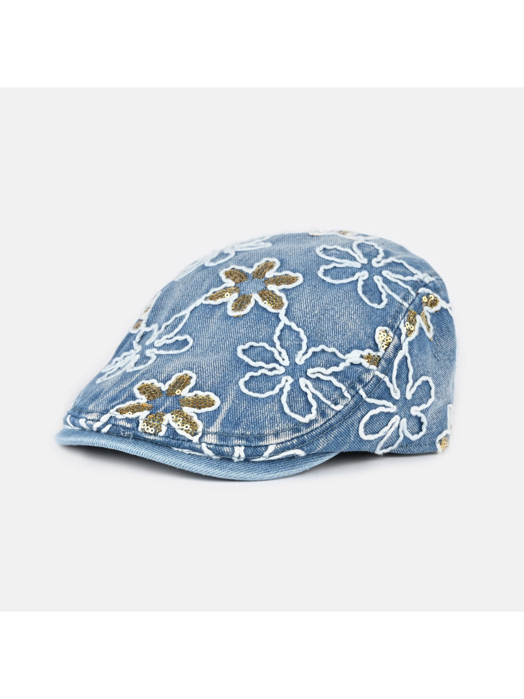 Top view of Haila floral sequin vintage newsboy cap highlighting cap shape