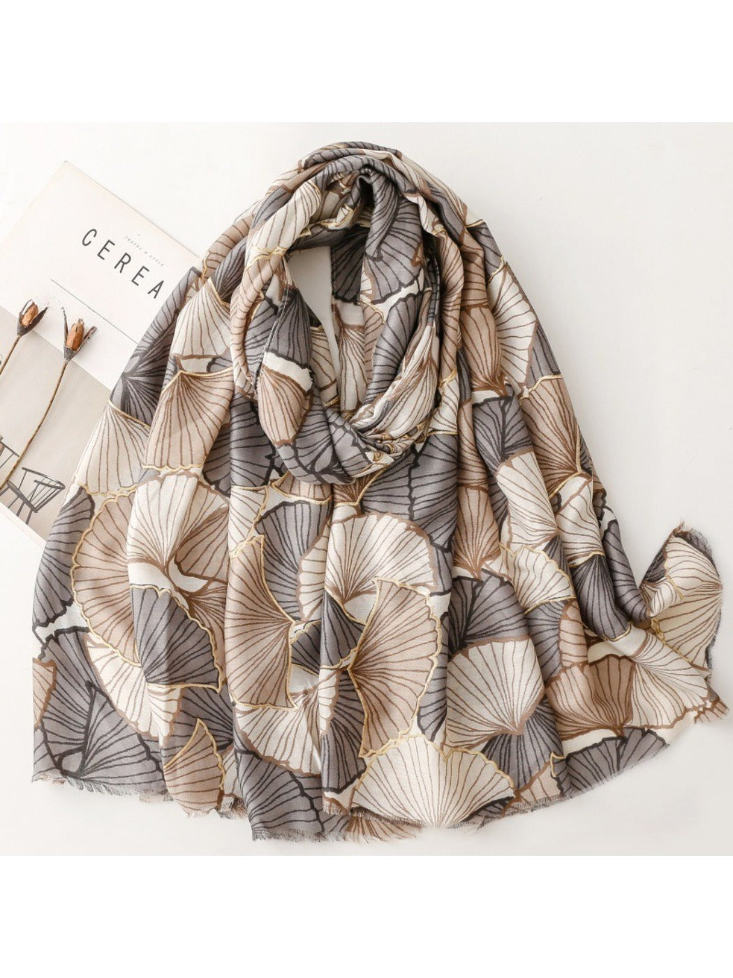 Scarvii - Winter Scarf & Shawl with Gold Foil Gingko Leaf Pattern