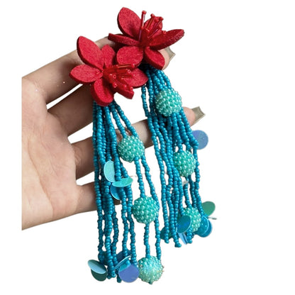 Earwish - Bohemian Beaded Flower Earrings - Blue & Red