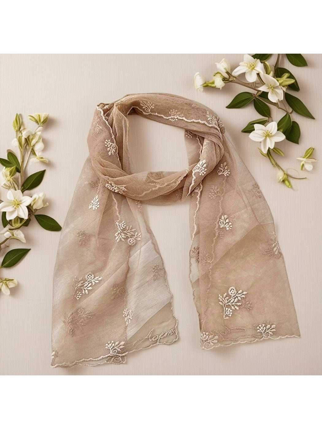 Scarvii - Elegant Floral Embroidered Long Lace Scarf