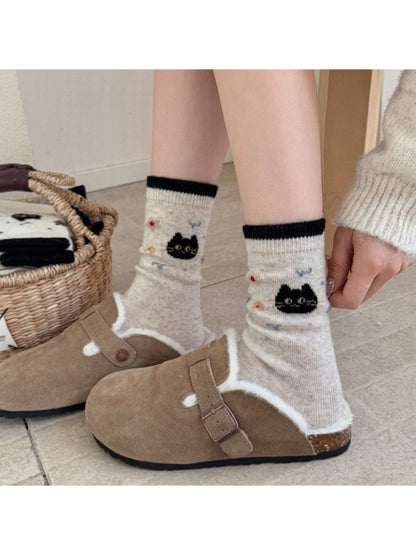 Rufia - Cat and Floral Knit Crew Socks