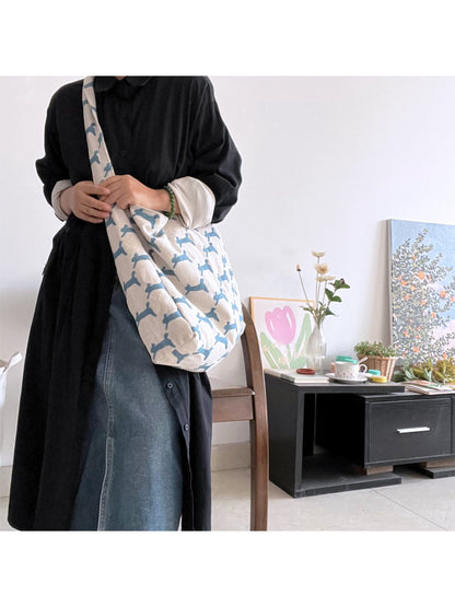 Cosbai oversized hobo bag with white rabbit print on beige fabric