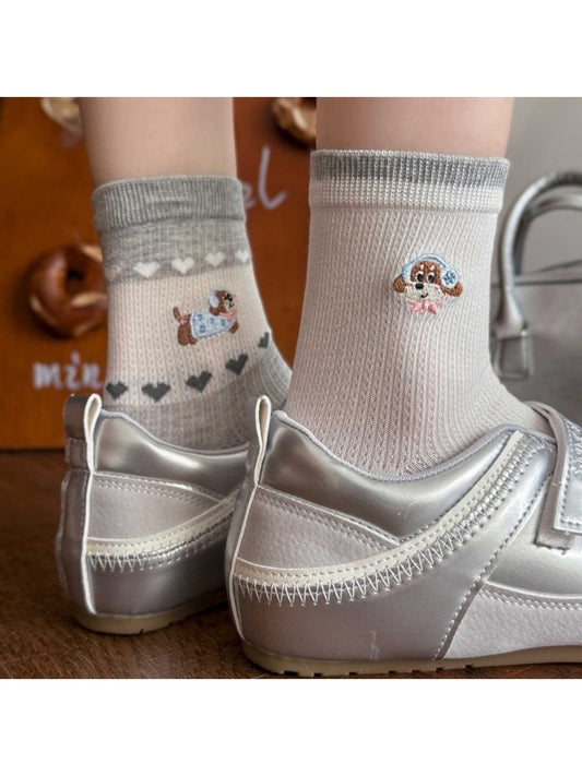 Rufia - Cute Cartoon Dog and Bear Embroidered Crew Socks