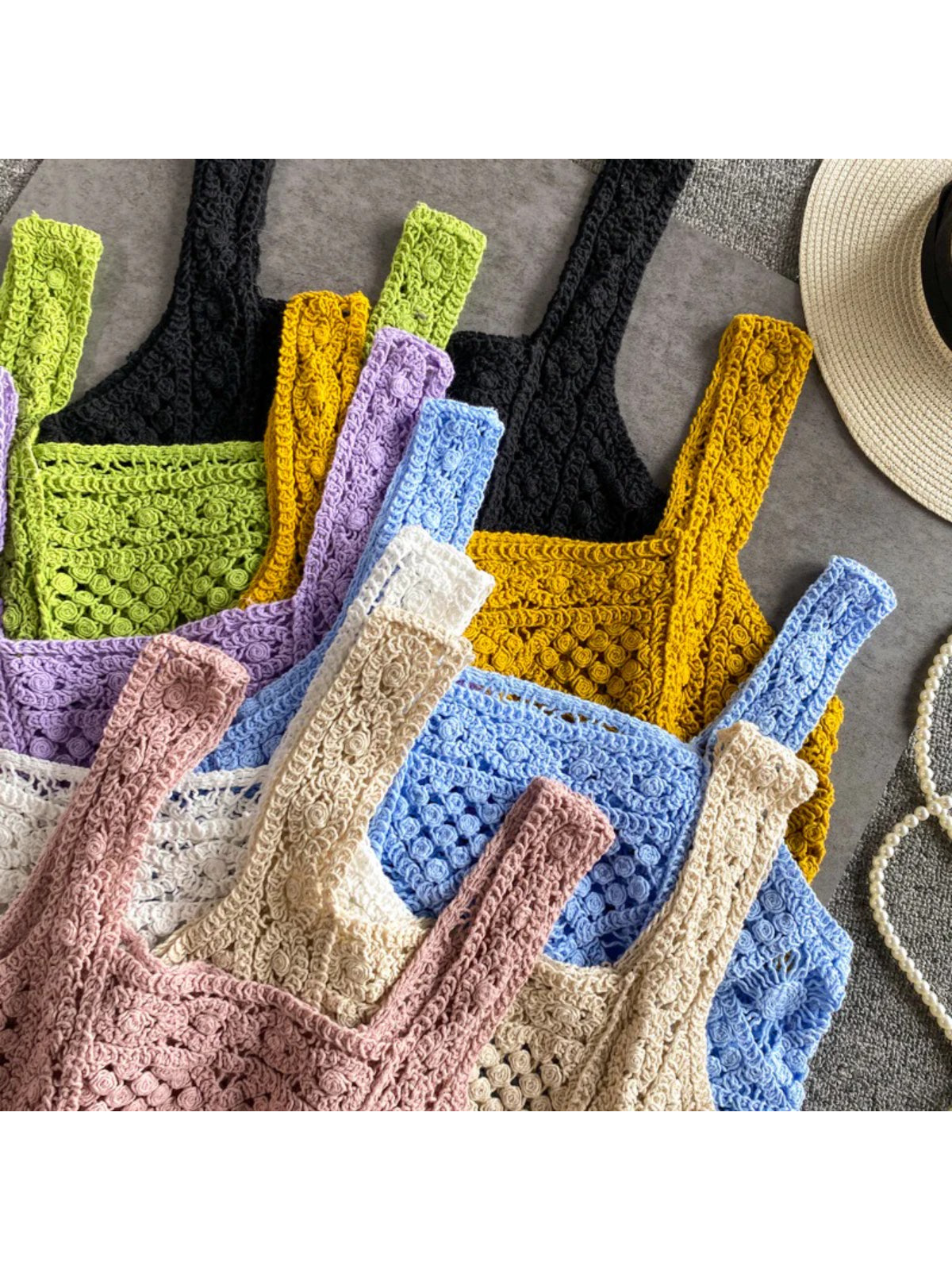 Detailed view of crochet stitches on Crosa vintage camisole tank top