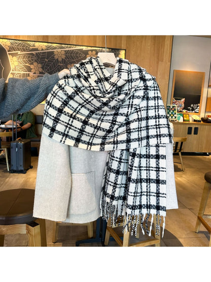 Scarvii - Textured Grid Plaid Fringed Winter Scarf