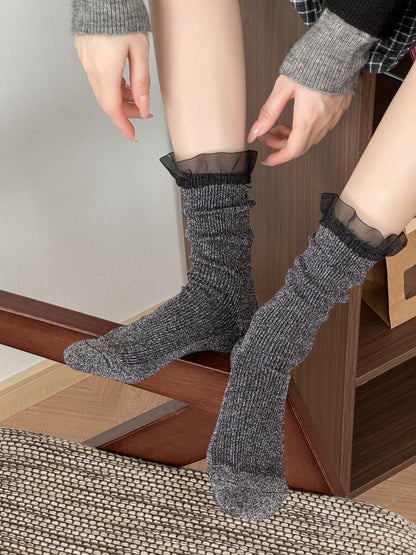 Rufia gray ruffled sparkle trim crew socks side view