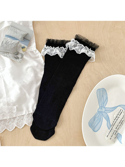 Rufia - Lace Trim Bow Detail Solid Color Crew Socks