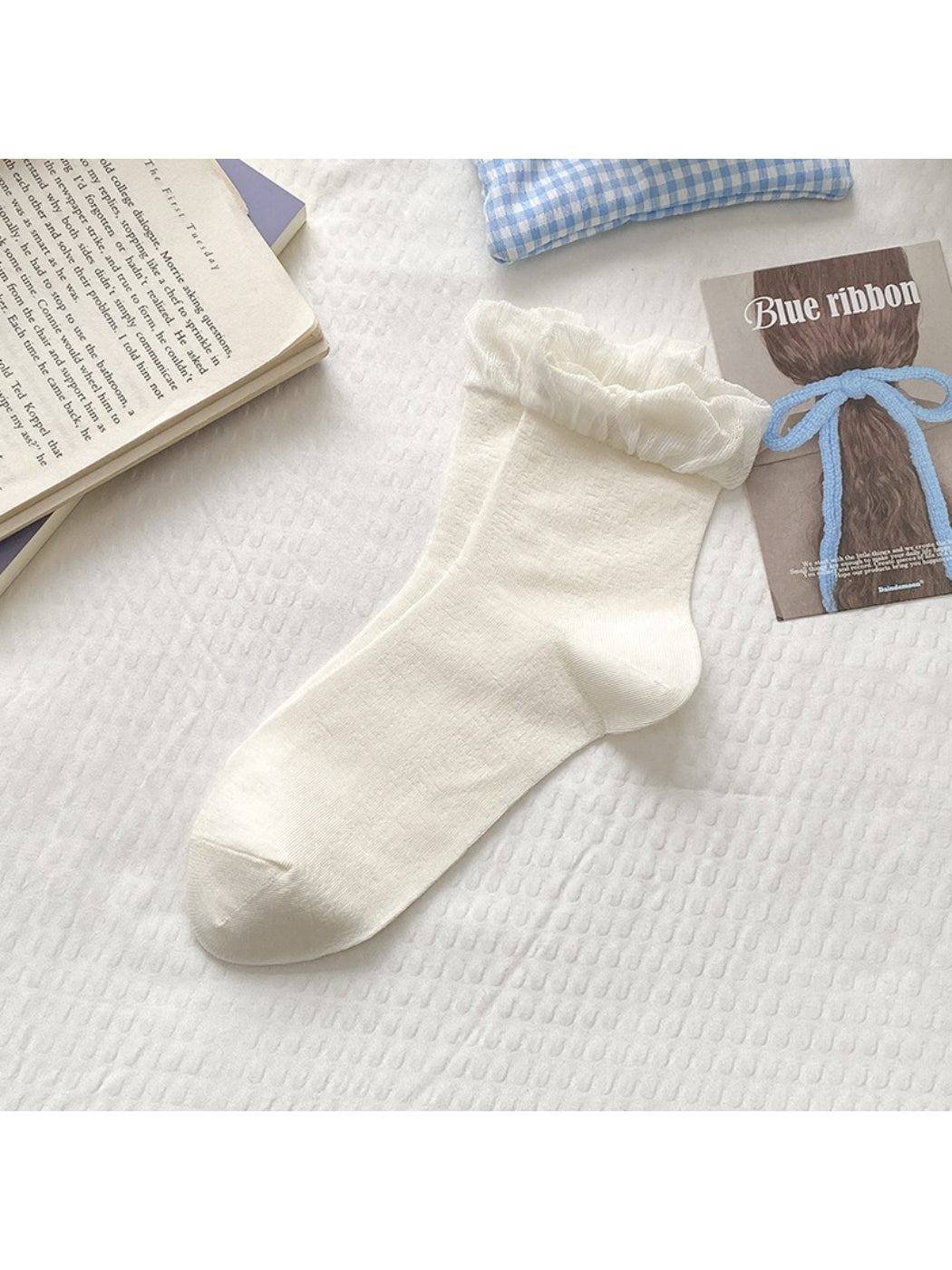 Rufia crew socks displayed flat highlighting the frill trim and soft material