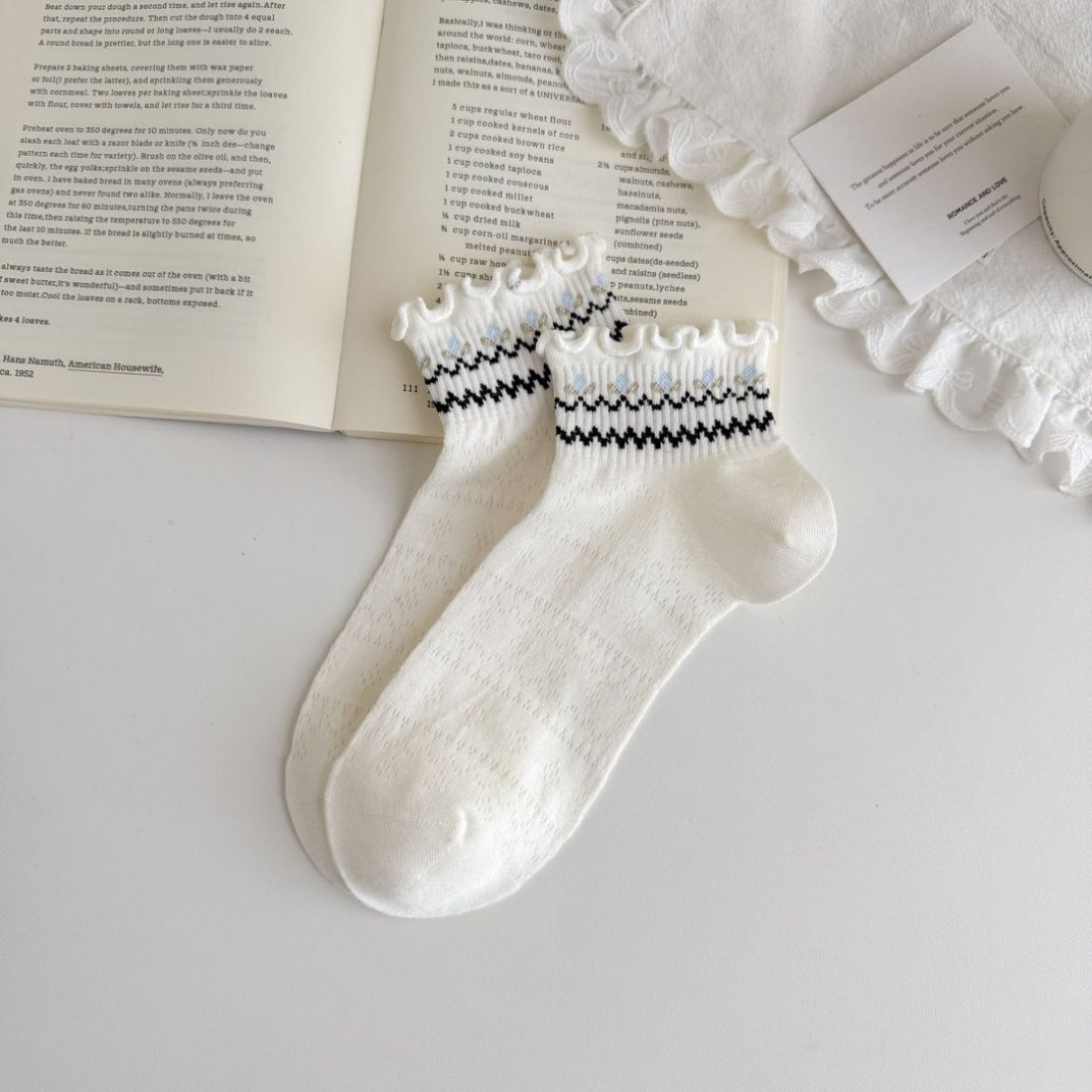 Model wearing Rufia Sweet Frill Cuff Crew Socks styled with casual shoes