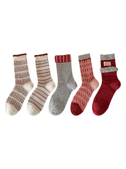 Rufia - Red Pattern Mix Crew Socks
