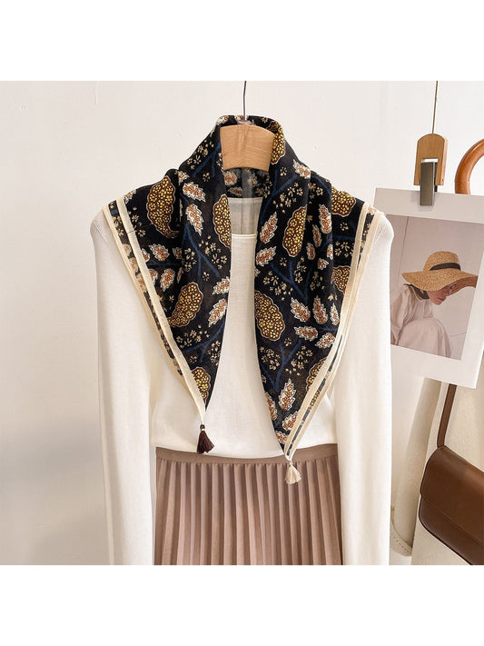 Scarvii - Rustic Floral Printed Tassel Square Scarf