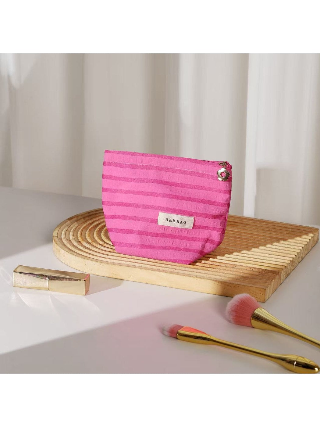 Cosbai - Striped Zipper Makeup Organizer Bag