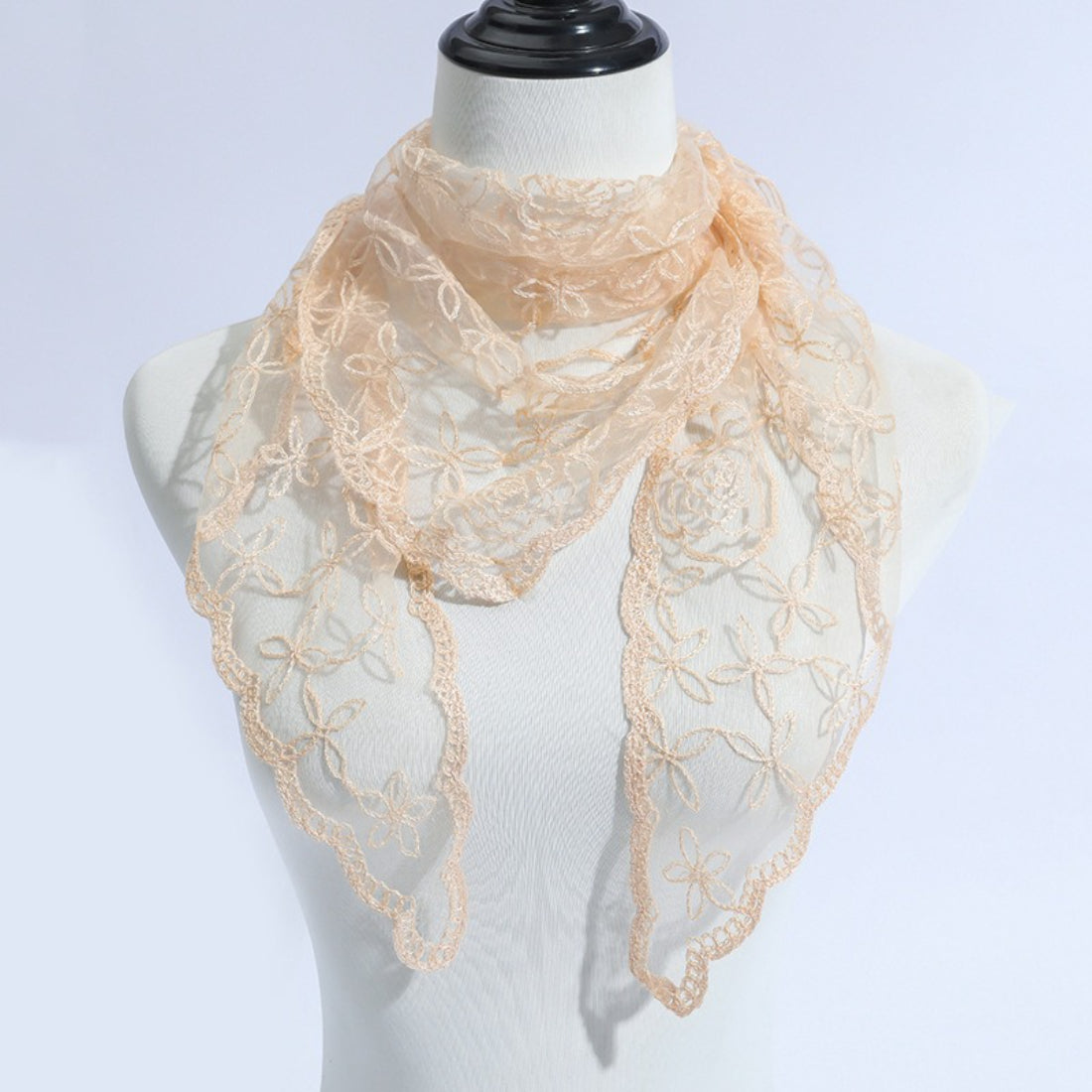 Flat lay of Haila Rose Vine Lace Veil Scarf highlighting lace floral design