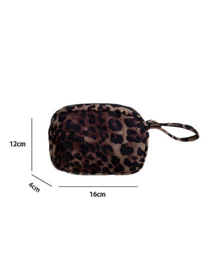 Cosbai - Corduroy Travel Makeup Pouch with Leopard Print