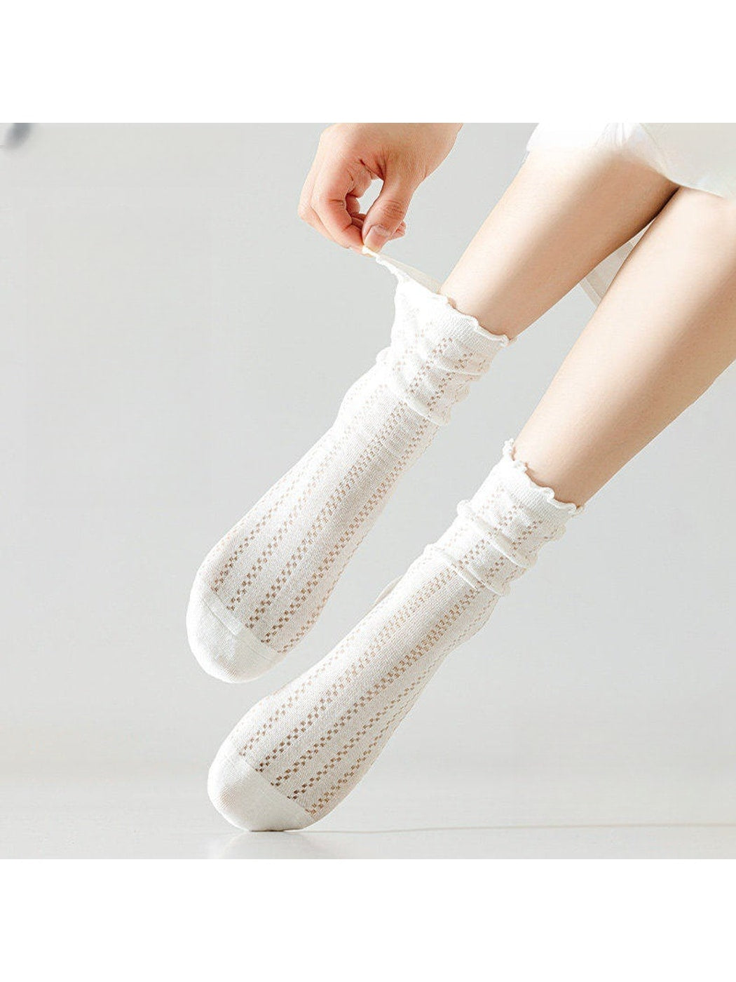 Rufia - Solid Color Openwork Ribbed Ruffle Cuff Crew Socks