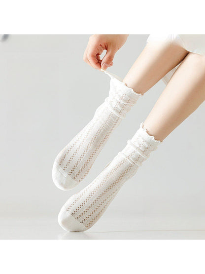 Rufia - Solid Color Openwork Ribbed Ruffle Cuff Crew Socks