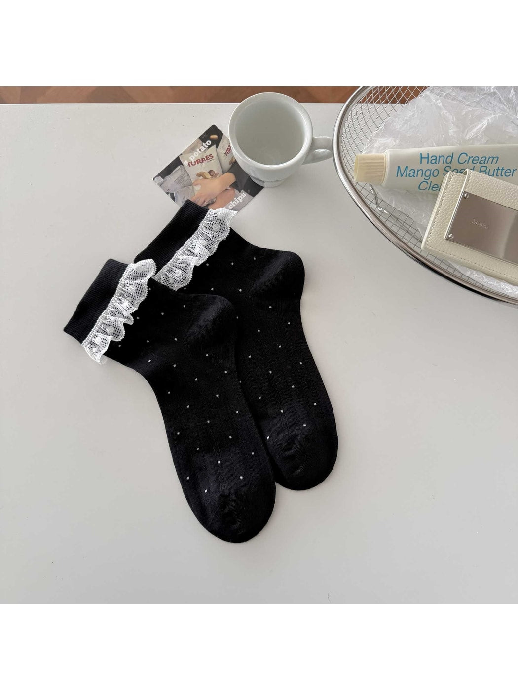 Rufia - Polka Dot Ruffle Lace Trim Crew Socks