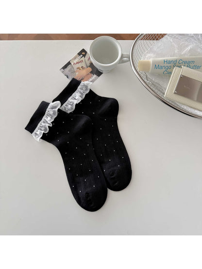 Rufia - Polka Dot Ruffle Lace Trim Crew Socks