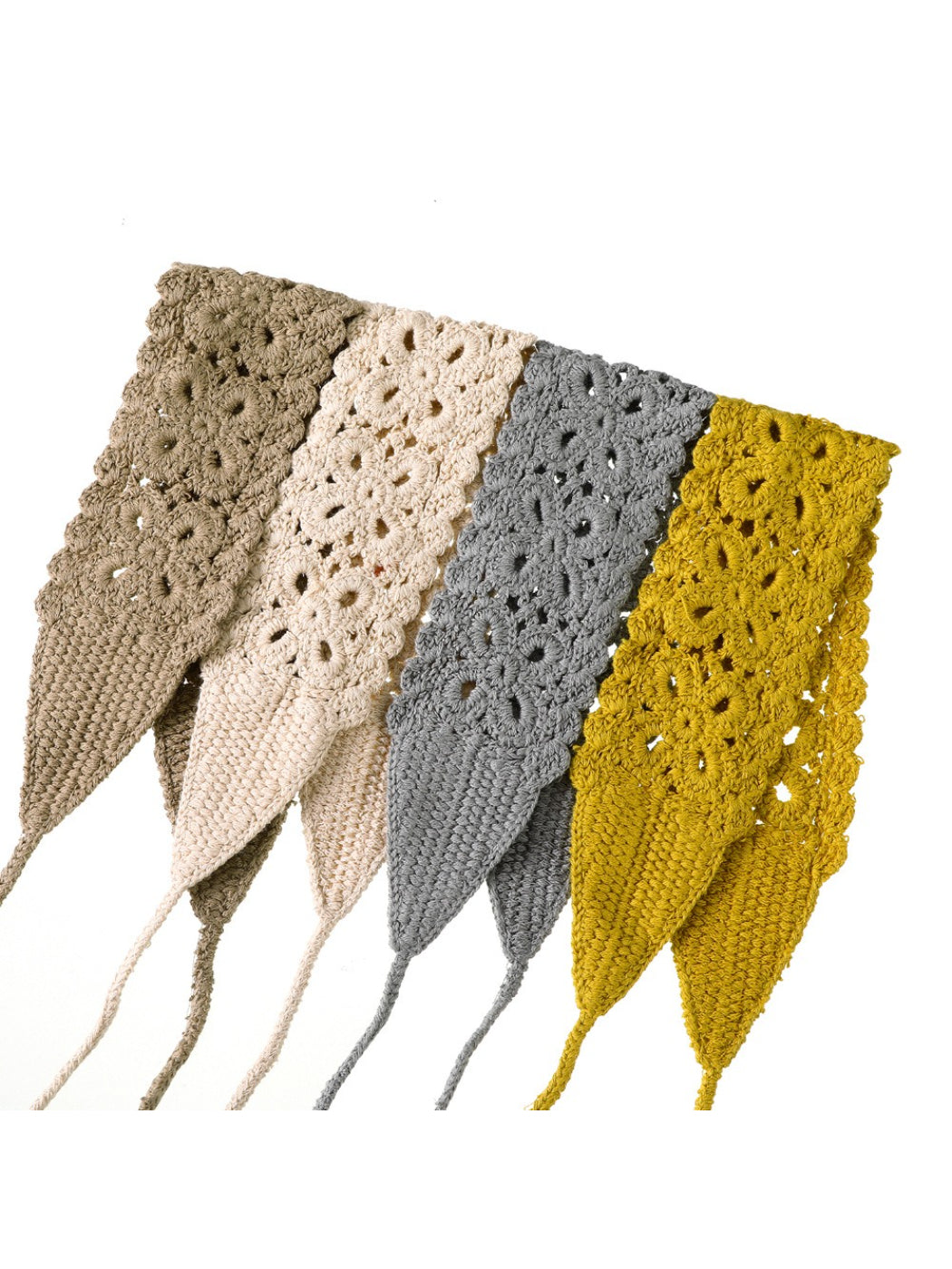 Close-up of Scarvii crochet lace knit headband showing detailed knit pattern