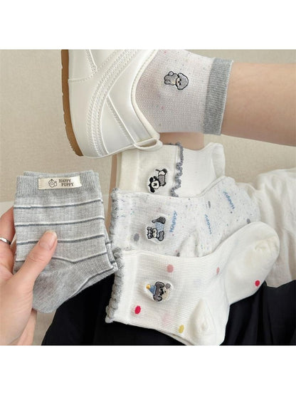 Rufia - Ruffle Cuff Patterned Casual Crew Socks