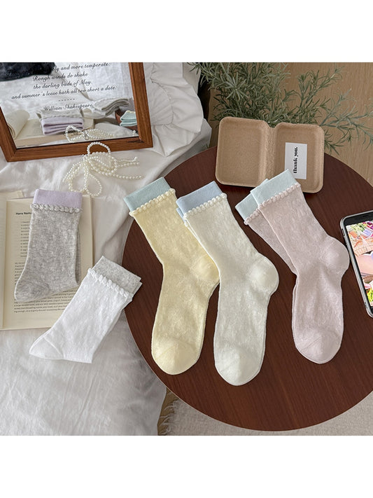 Rufia - Lightweight Contrast Cuff Textured Crew Socks