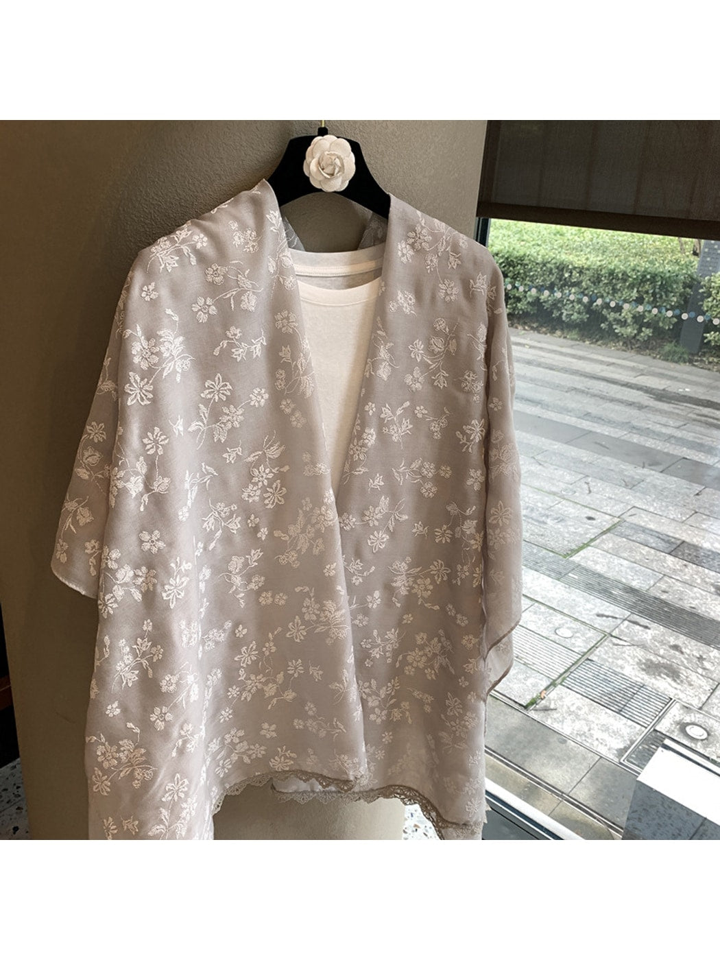 Scarvii - Floral Embroidered Lace Trim Shawl Scarf