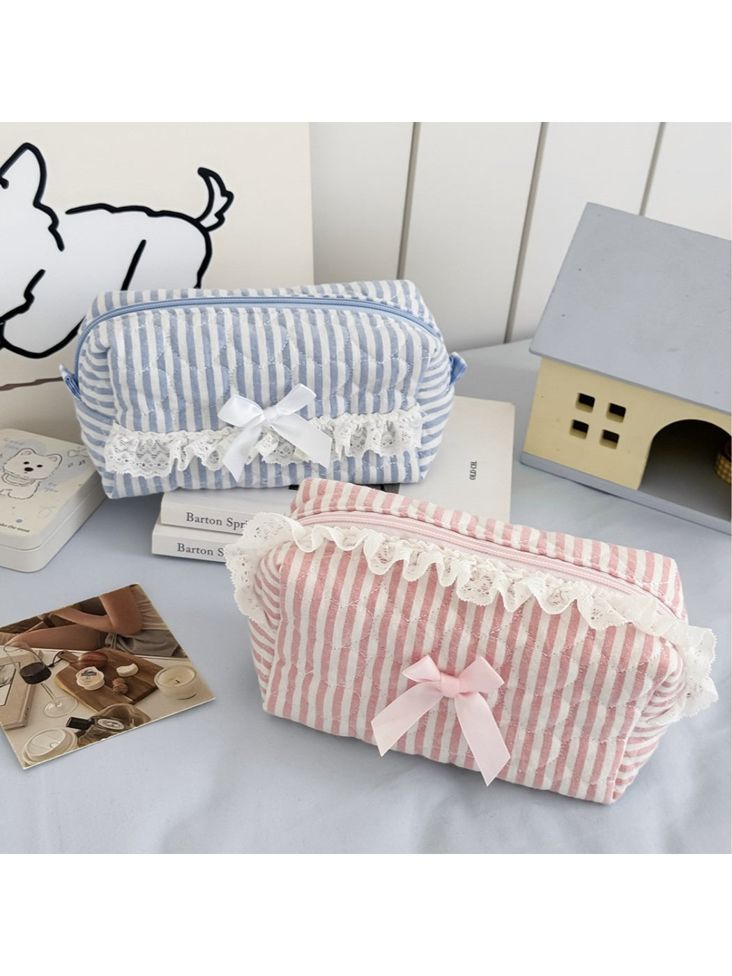 Cosbai lace trim stripe cosmetic pouch on a white background