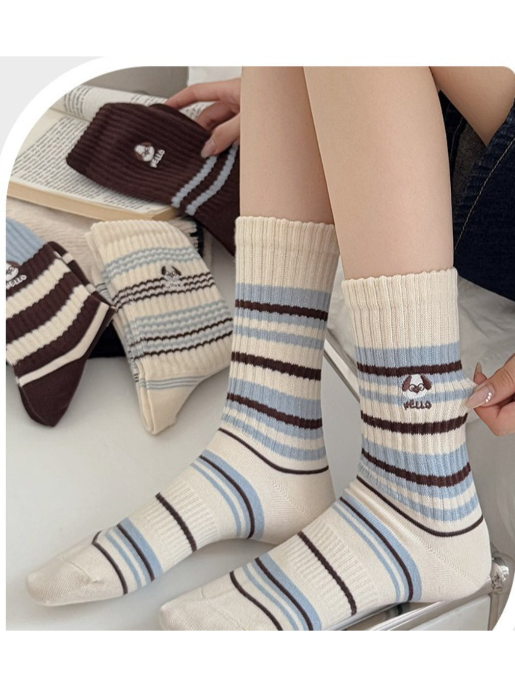 Rufia - Dog Stripe Rib Knit Crew Socks