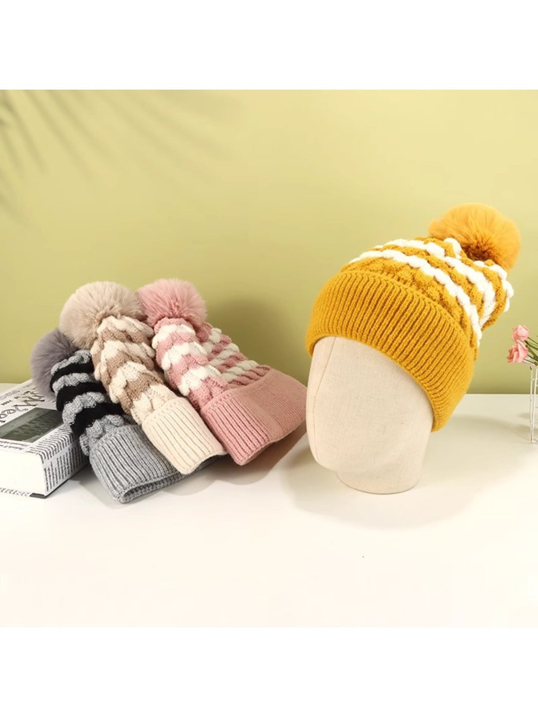 Haila - Women's Striped Fleece Lined Beanie with Pom