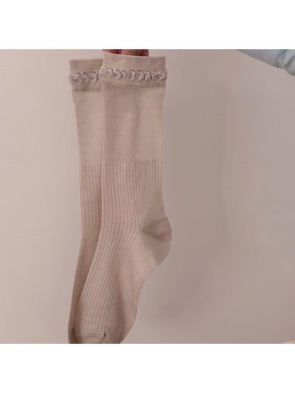 Close-up of cuff area on Rufia Loop Trim Ribbed Crew Socks