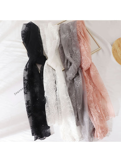 Scarvii - Floral Embroidered Sheer Long Neck Scarf