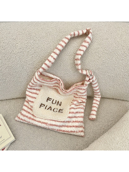 Cosbai - Plush Striped Tote Handbag with Patch