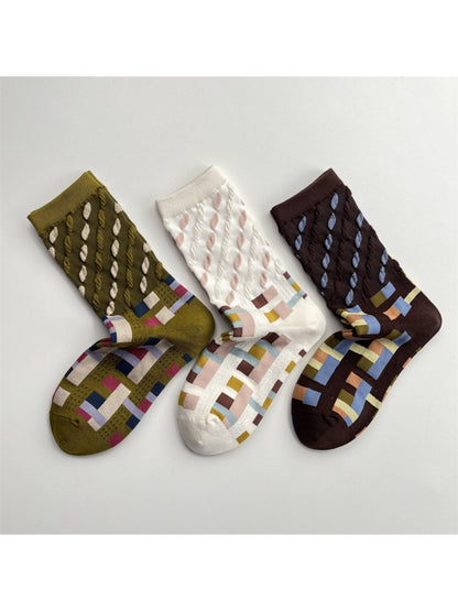 Rufia - Color Block Mid-Calf Socks – Check & Dots
