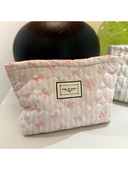 Cosbai - Quilted Bow Stripe Cosmetic Pouch