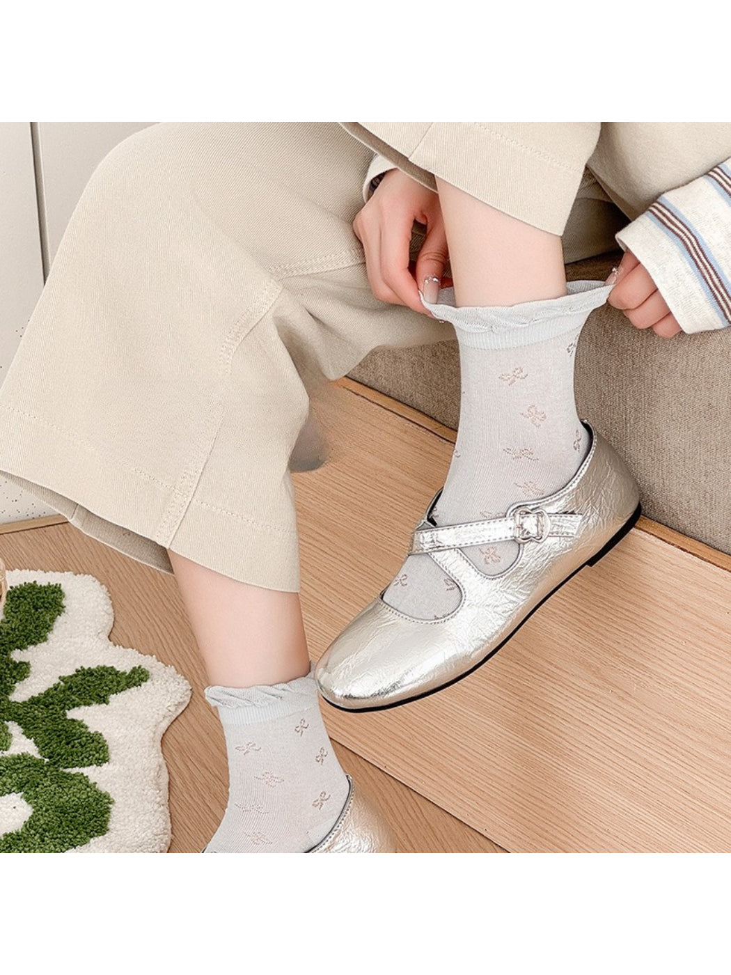 Pair of Rufia Sweet Bow Knit Crew Socks laid flat showing front and back