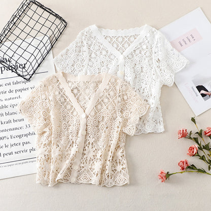 Crosa Crochet Hollow-Out Short-Sleeve Cardigan main product view