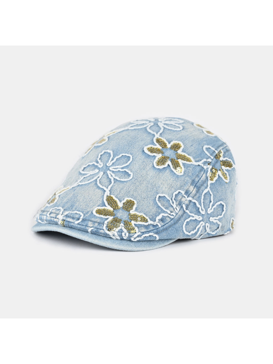 Haila floral sequin vintage newsboy cap angled to show front and side details