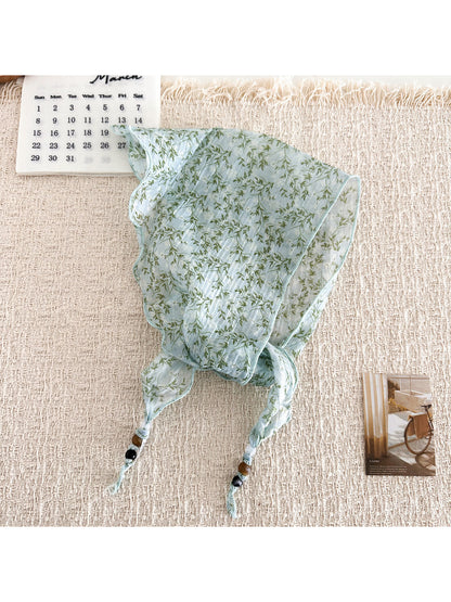 Scarvii - Floral Print Beaded Tie Scarf