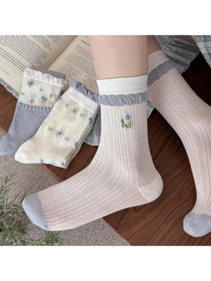 Rufia - Sweet Blue Print Ruffle Crew Socks