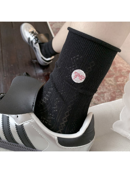 Rufia - Bow Embroidery Textured Pattern Crew Socks