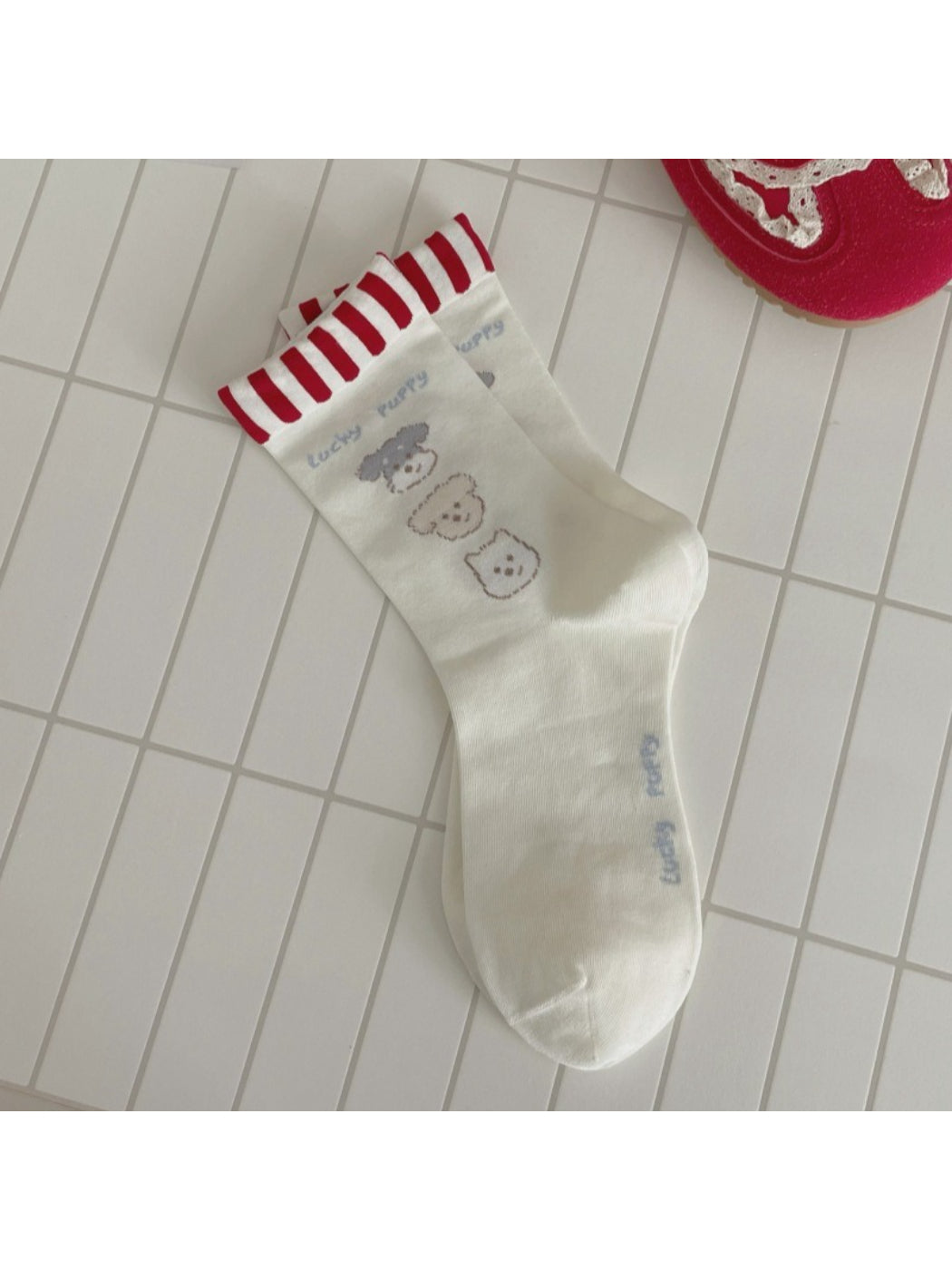 Rufia dog mid-calf socks in a folded position highlighting the cuff area