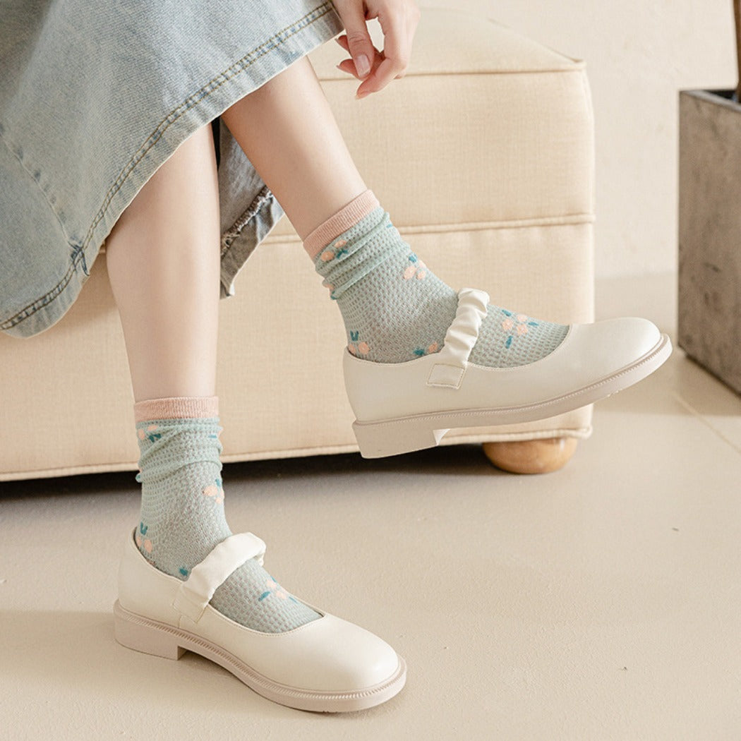Rufia - Delicate Floral Mid-Calf Mesh Socks -Thin & Breathable