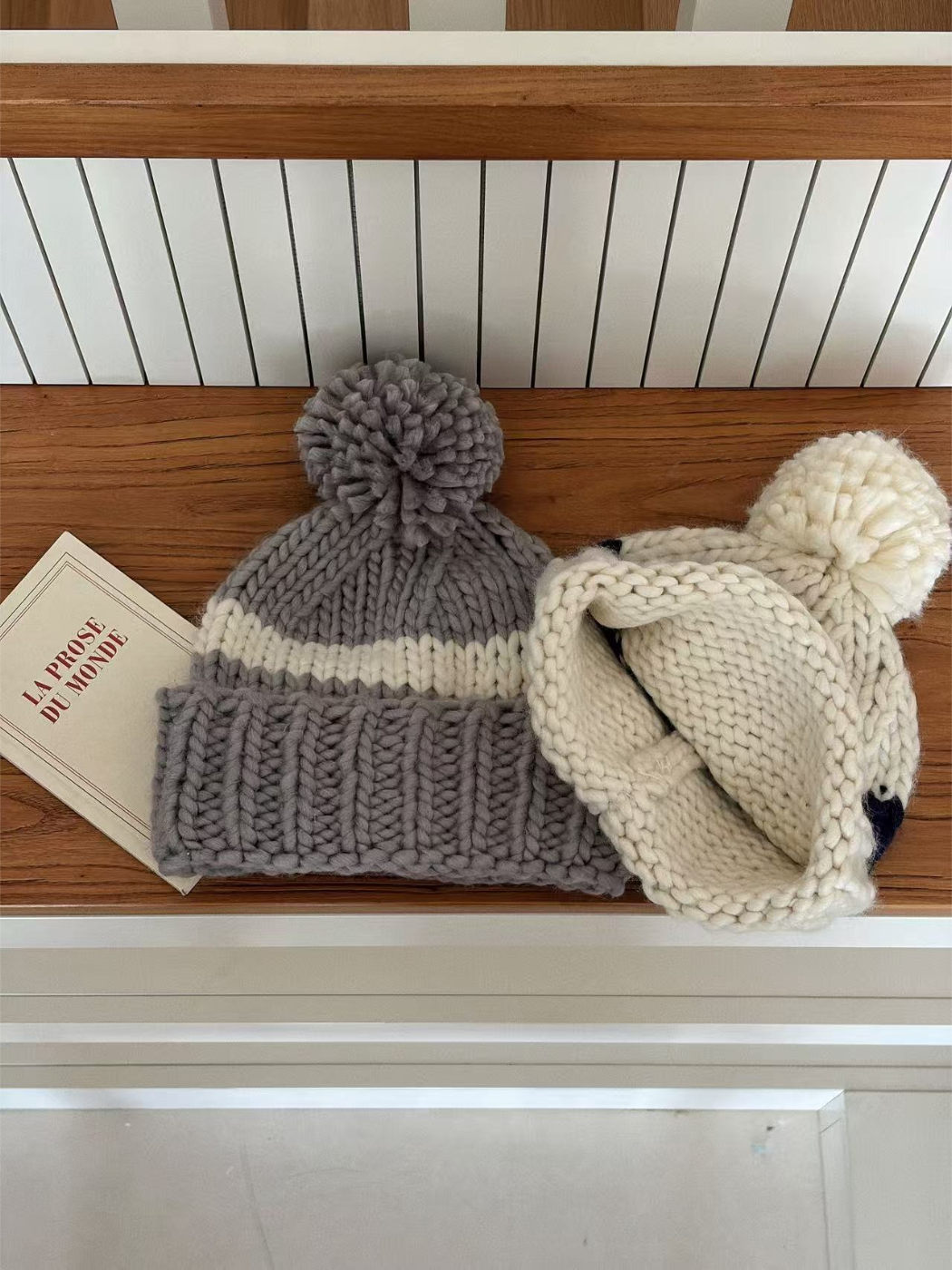 Haila - Contrast Stripe Chunky Knit Pom Pom Beanie